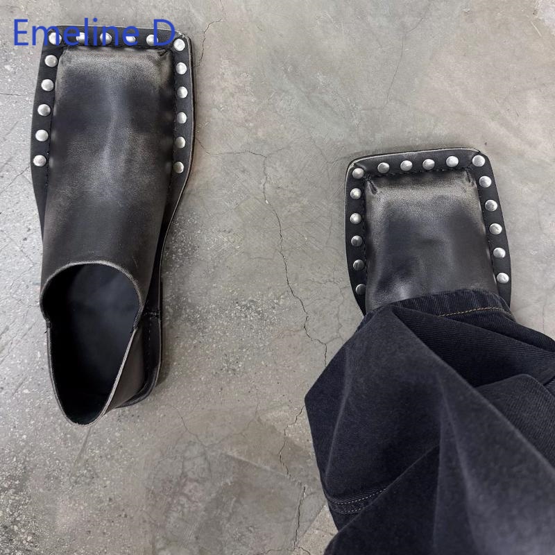 Flip Flop Leather Men - Unisexowe klapki z kwadratowym noskiem, postarzana