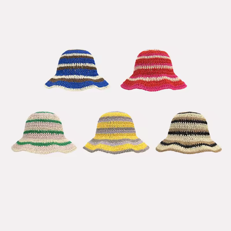 Bucket Hat Straw - Nowe paski, dzianinowe słomkowe czapki szydełkowe,